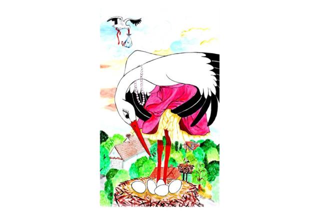 Fehér gólya a fészkén tojásokat igazgat, rajz